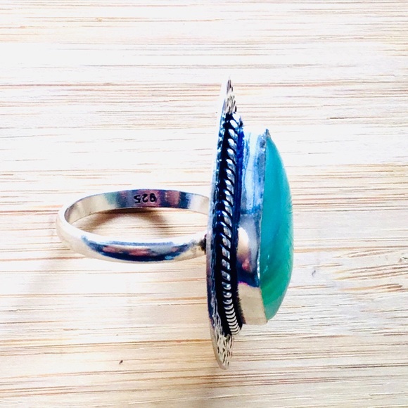 Teal Green Botswana Agate Blended Gemstone Ring Cats Eye Size 9.3/4 - Picture 6 of 7